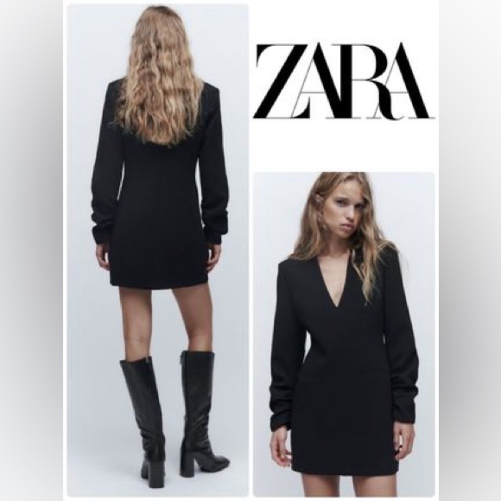 NWT Zara Black V-Neck Mini Long Sleeve Dress | US Size Large